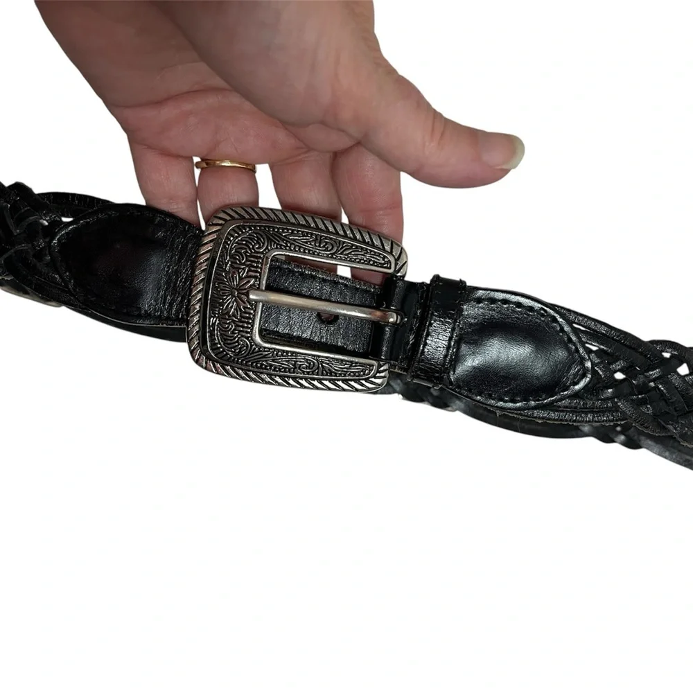 Black Braided Leather Western Belt Silver Accents Size Small